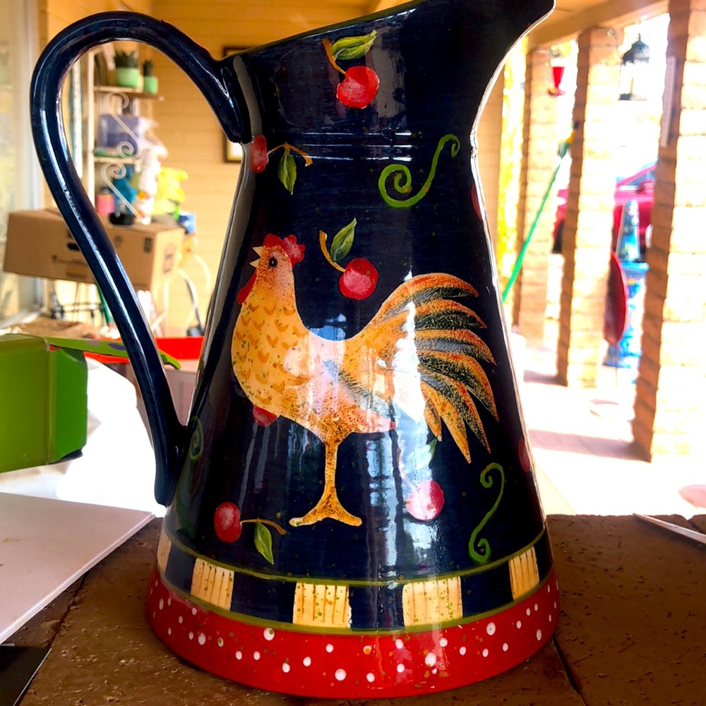 Beautiful Rooster Pitcher. Painted Tin?